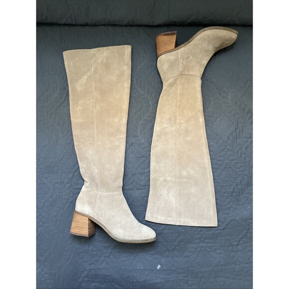 Kelsi Dagger Brown Taupe Suede Over the Knee Boots Block Heel SZ7.5M Winter Chic - Picture 1 of 11